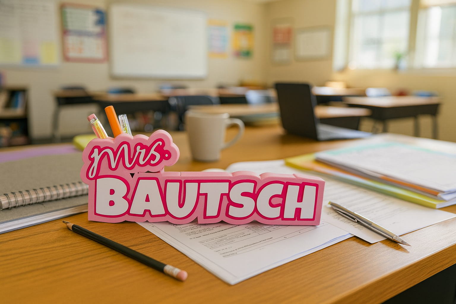 Personalized Teacher Gift – Custom Desk Name Sign & Pencil Holder